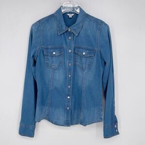 Guess Denim Small Blouse Shirt Top Snap Buttons Pockets Distressed Stretch